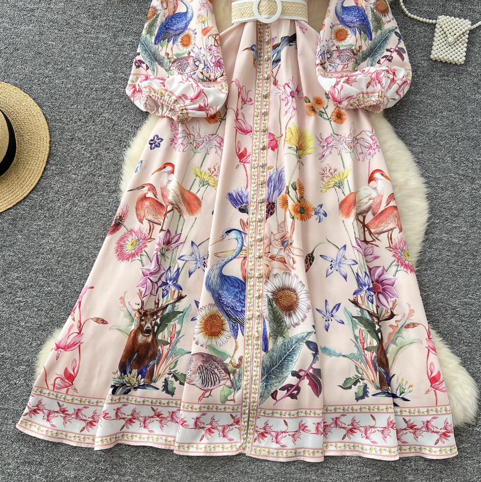Courtly Single-breasted Floral Shirt Dress
