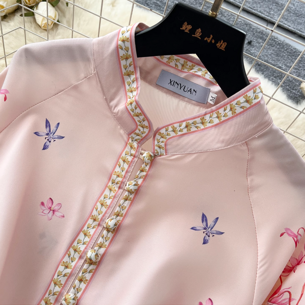 Courtly Single-breasted Floral Shirt Dress
