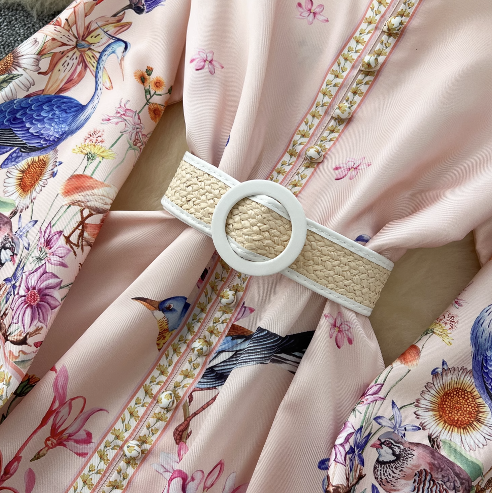 Courtly Single-breasted Floral Shirt Dress