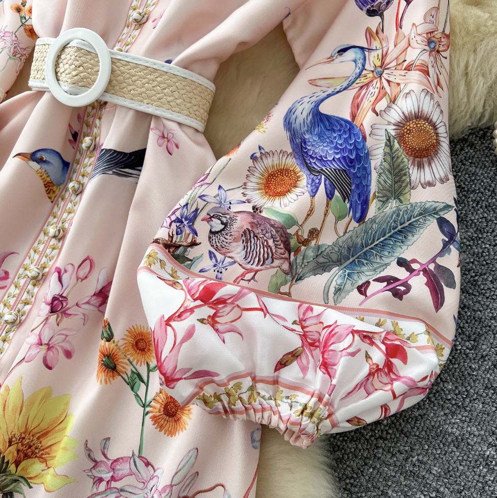 Courtly Single-breasted Floral Shirt Dress