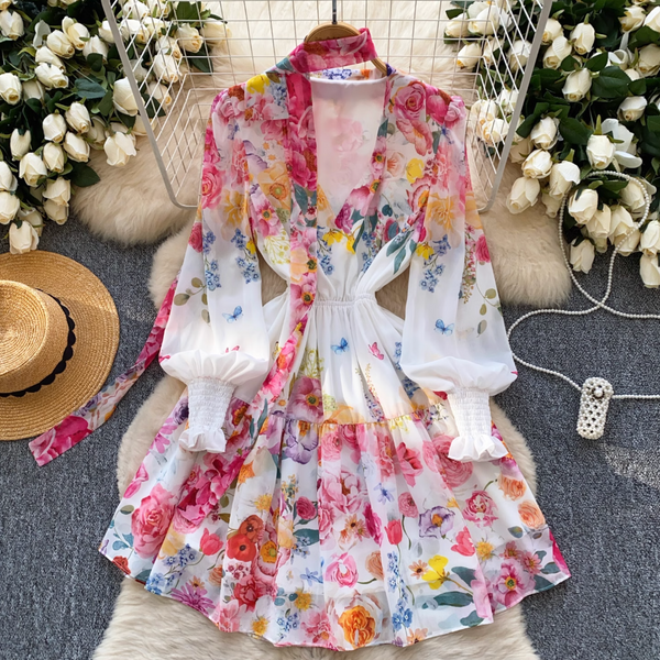 Deep V-neck Floral Dress with Ribbon