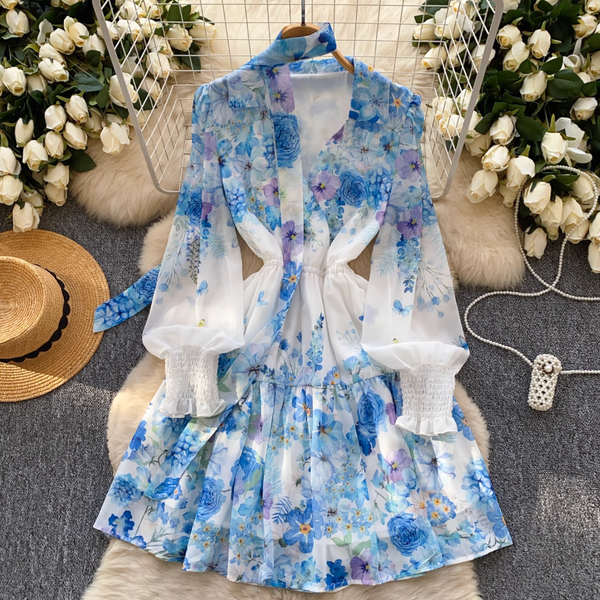 Deep V-neck Floral Dress with Ribbon