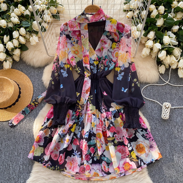 Deep V-neck Floral Dress with Ribbon