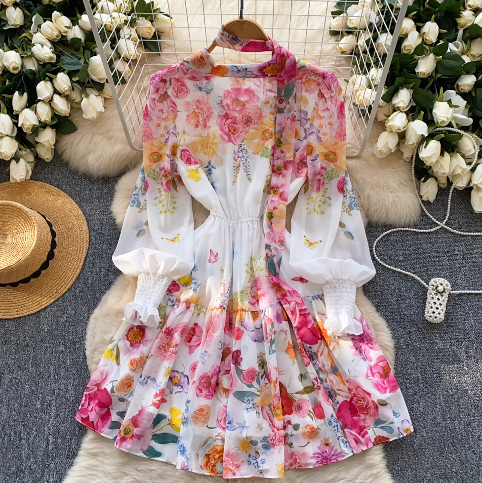 Deep V-neck Floral Dress with Ribbon