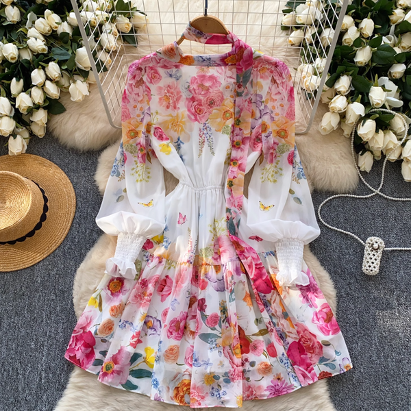 Deep V-neck Floral Dress with Ribbon