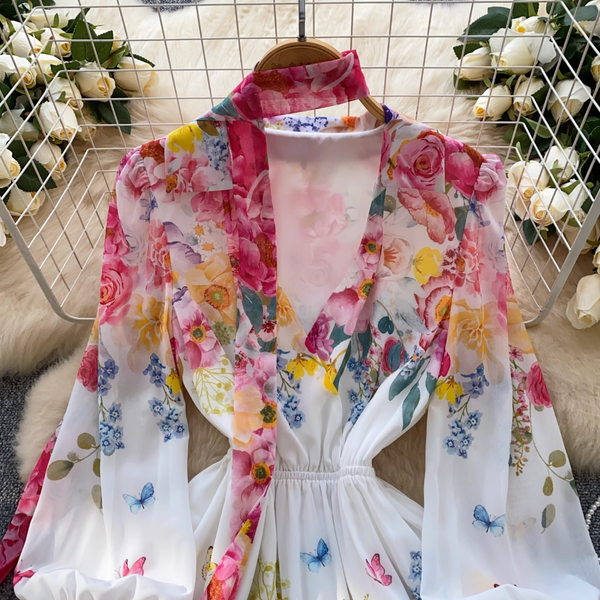 Deep V-neck Floral Dress with Ribbon