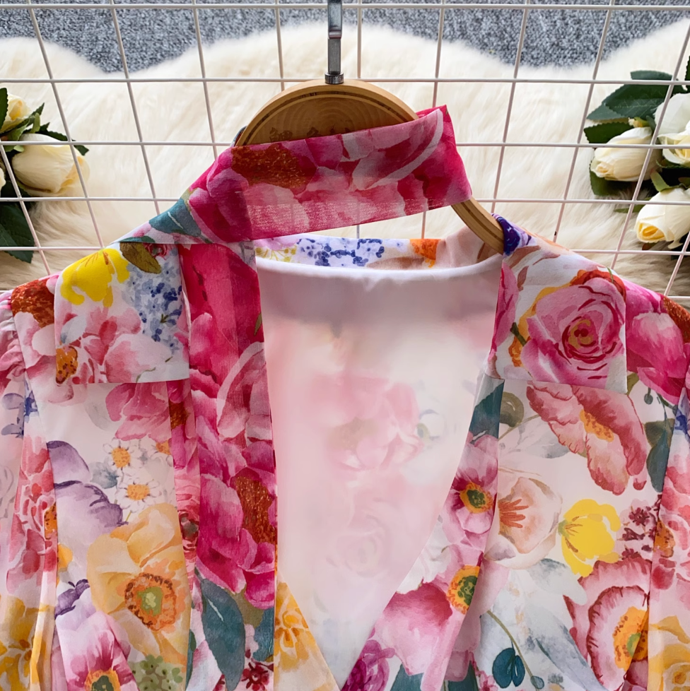 Deep V-neck Floral Dress with Ribbon