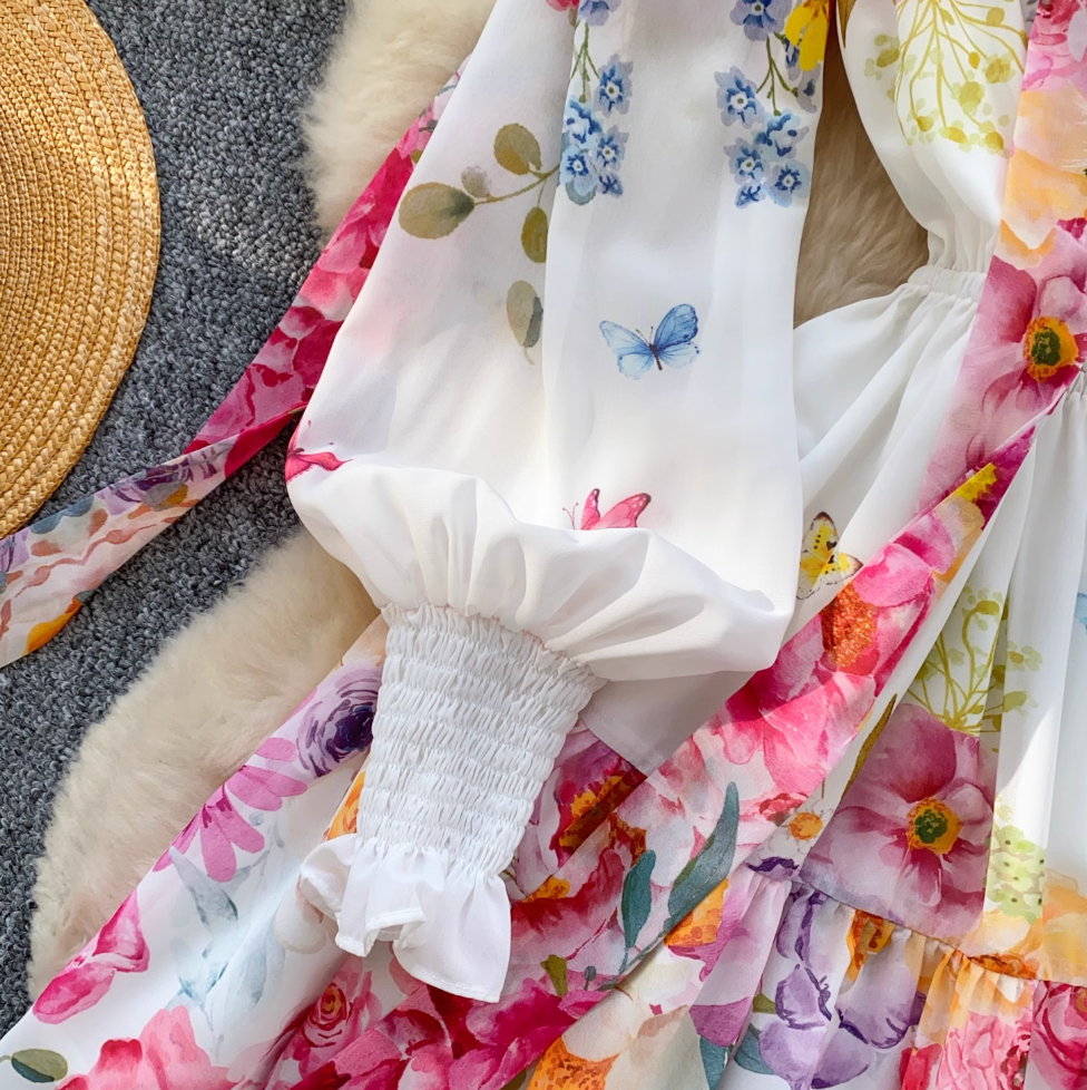 Deep V-neck Floral Dress with Ribbon