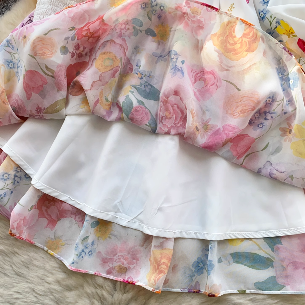 Deep V-neck Floral Dress with Ribbon