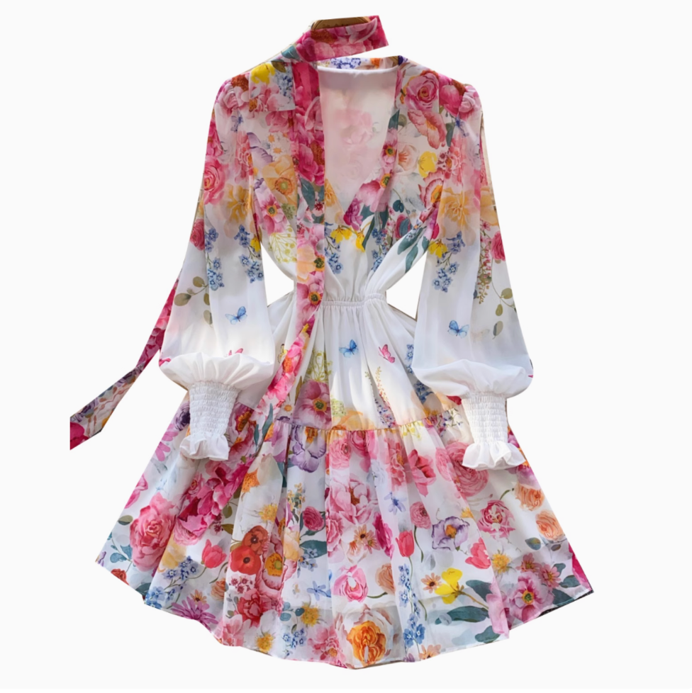 Deep V-neck Floral Dress with Ribbon