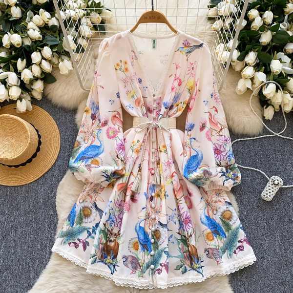 Vintage V-neck Lace Trim Floral Dress