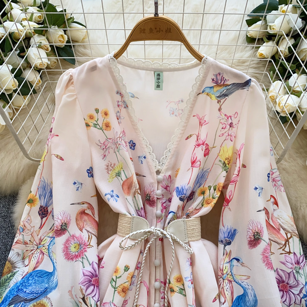Vintage V-neck Lace Trim Floral Dress
