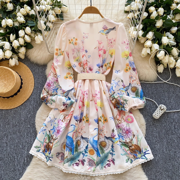 Vintage V-neck Lace Trim Floral Dress