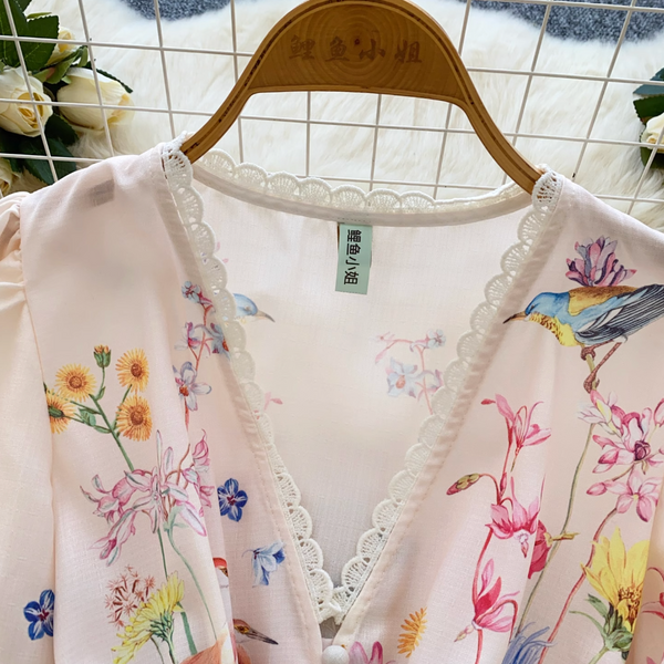 Vintage V-neck Lace Trim Floral Dress