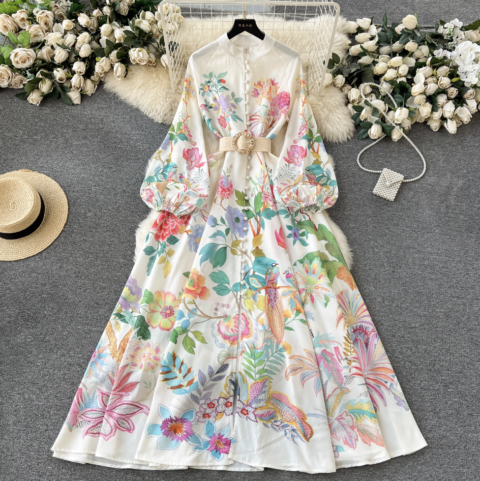 French Style Puffy Sleeve Floral Dress
