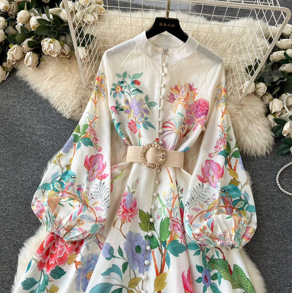 French Style Puffy Sleeve Floral Dress