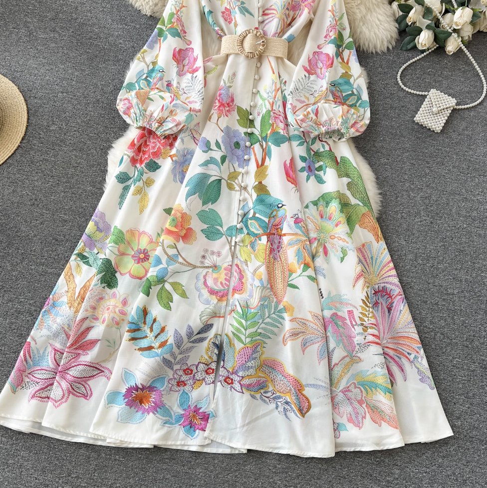 French Style Puffy Sleeve Floral Dress
