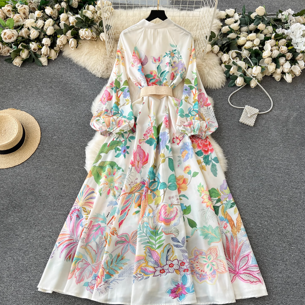 French Style Puffy Sleeve Floral Dress