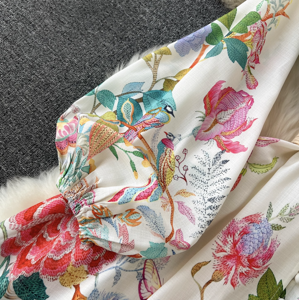 French Style Puffy Sleeve Floral Dress