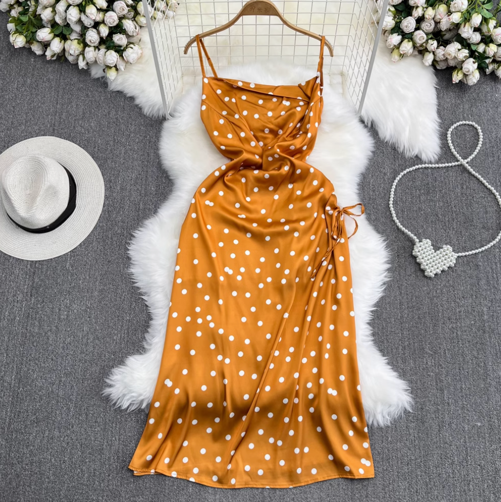 Polka Dot Drawstring Slip Dress