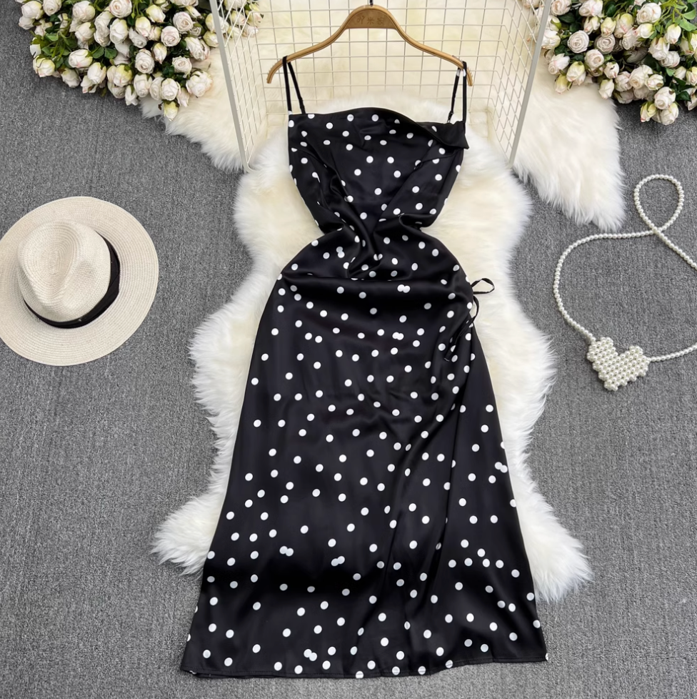 Polka Dot Drawstring Slip Dress