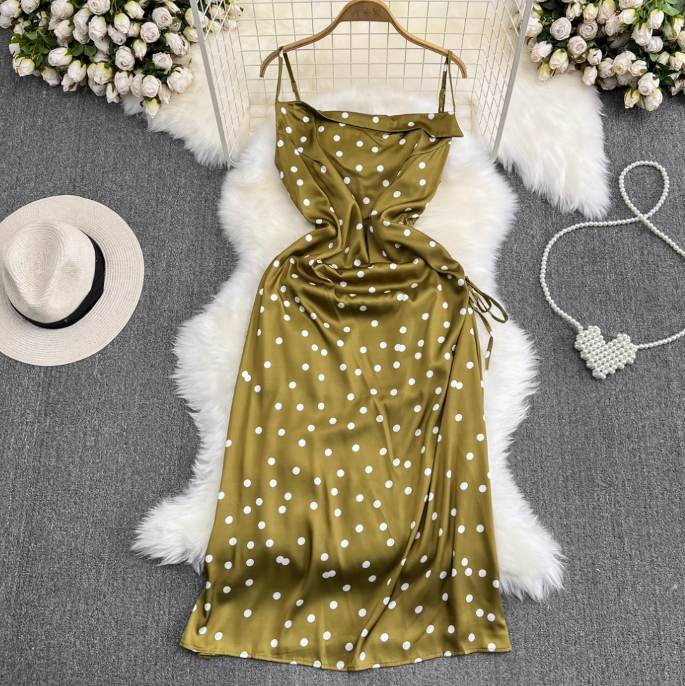 Polka Dot Drawstring Slip Dress