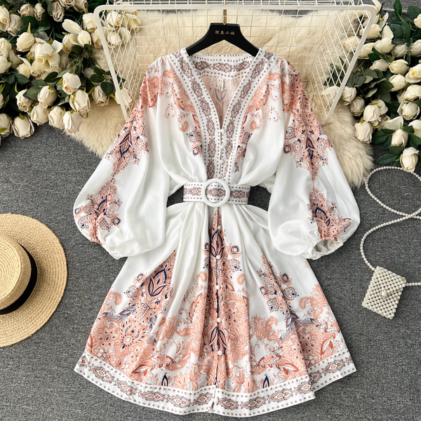 Courtly V-neck Floral Printed Dress