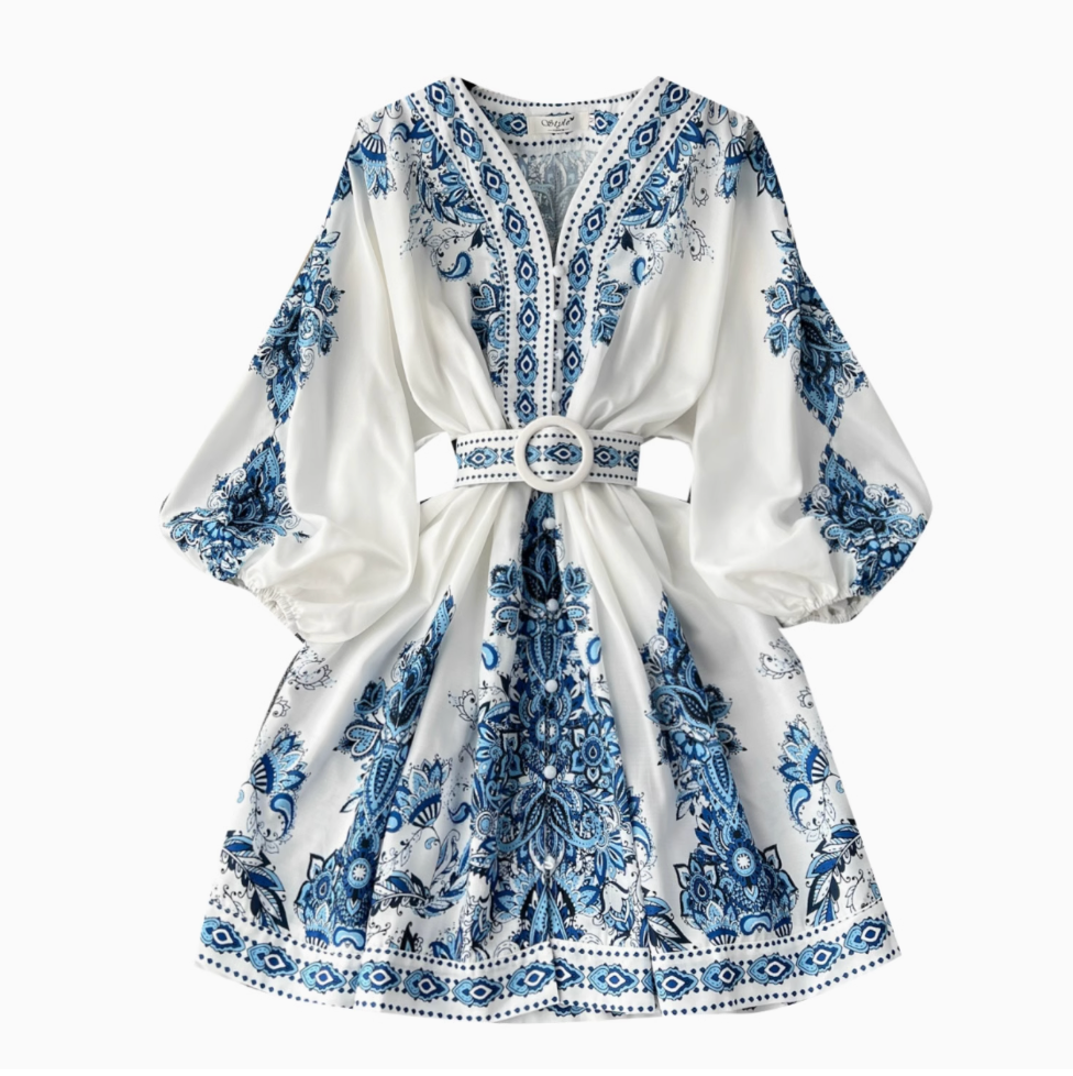 Courtly V-neck Floral Printed Dress