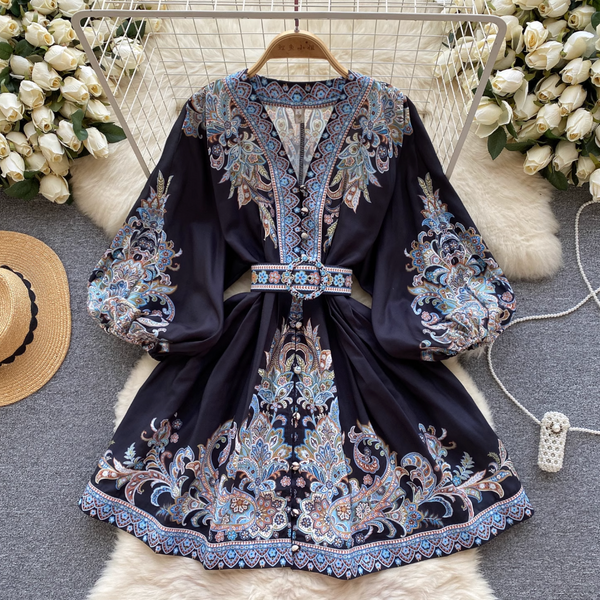 Courtly Puffy Sleeve Floral Printed Dress