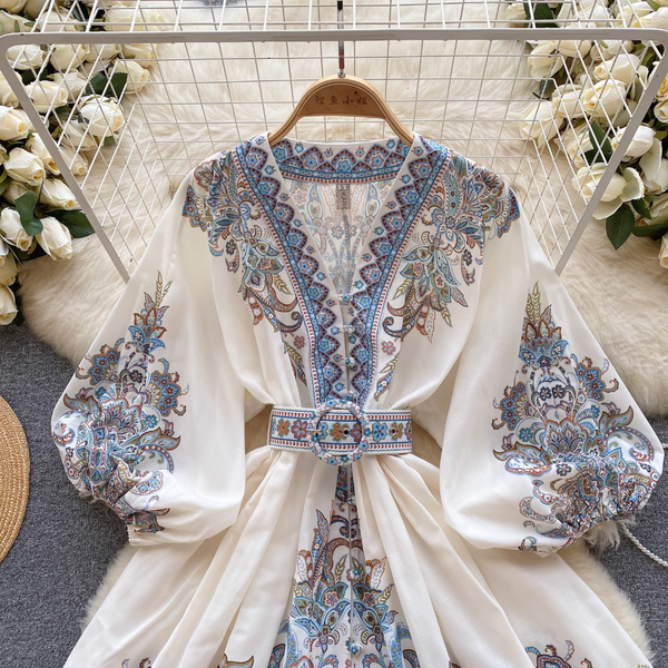 Courtly Puffy Sleeve Floral Printed Dress