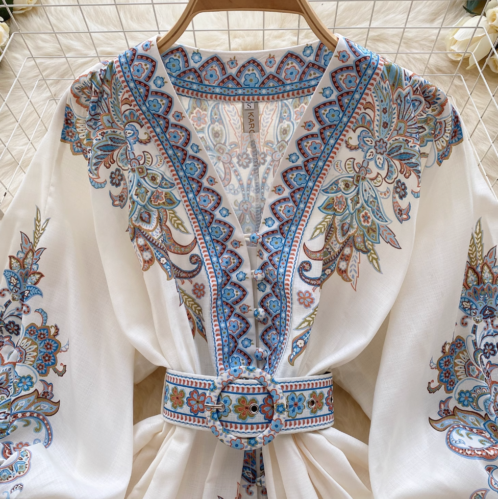 Courtly Puffy Sleeve Floral Printed Dress