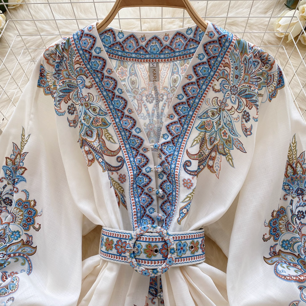 Courtly Puffy Sleeve Floral Printed Dress