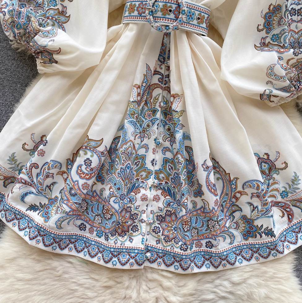 Courtly Puffy Sleeve Floral Printed Dress
