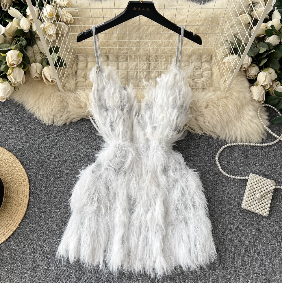 Fairy White Fur Fringed Slip Dress