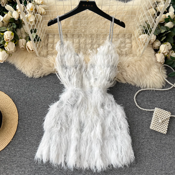 Fairy White Fur Fringed Slip Dress