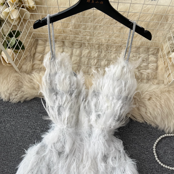 Fairy White Fur Fringed Slip Dress