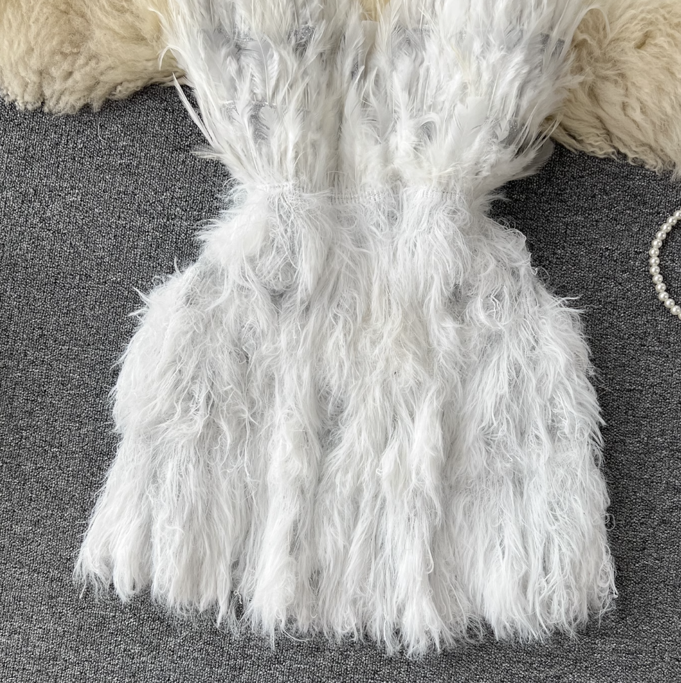 Fairy White Fur Fringed Slip Dress
