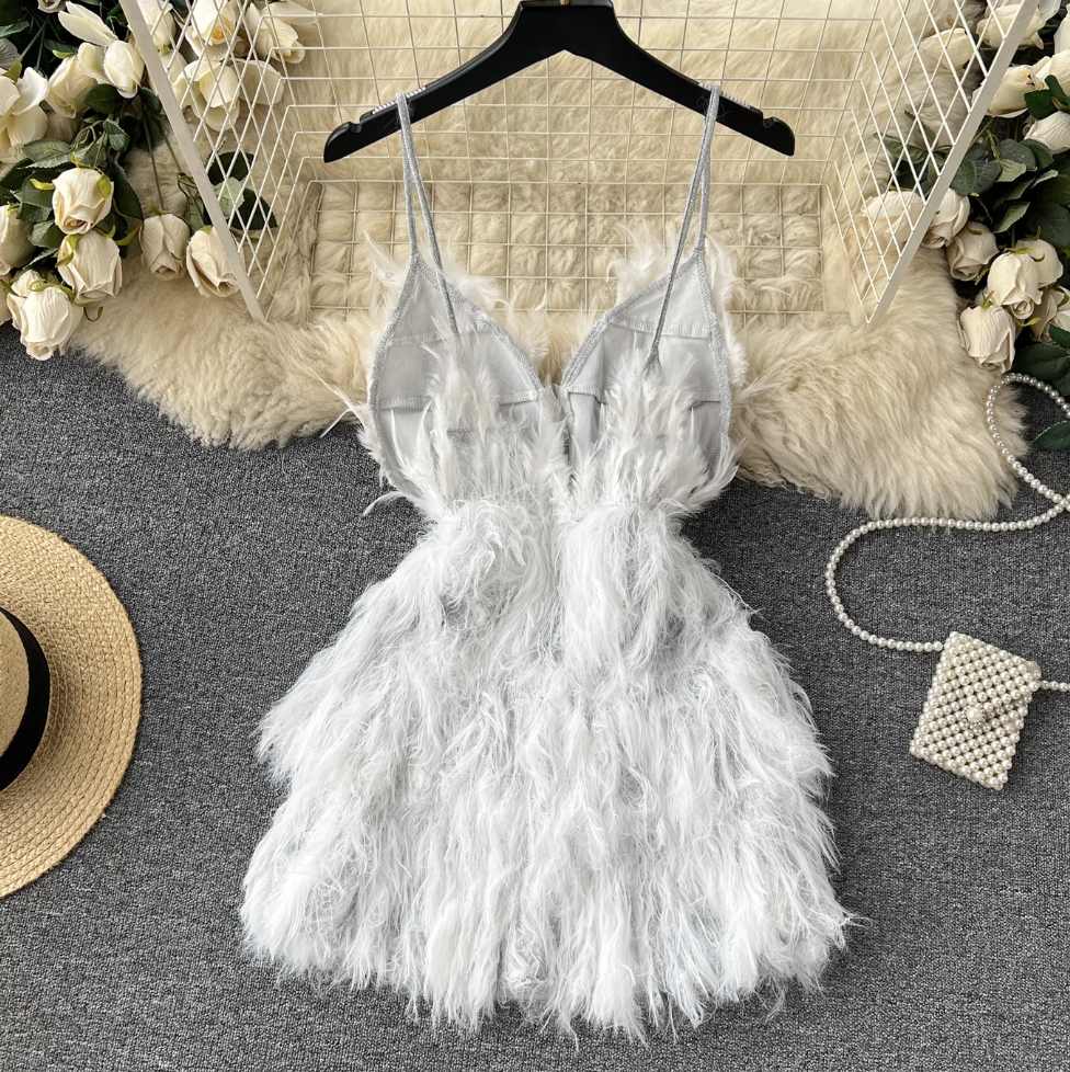 Fairy White Fur Fringed Slip Dress