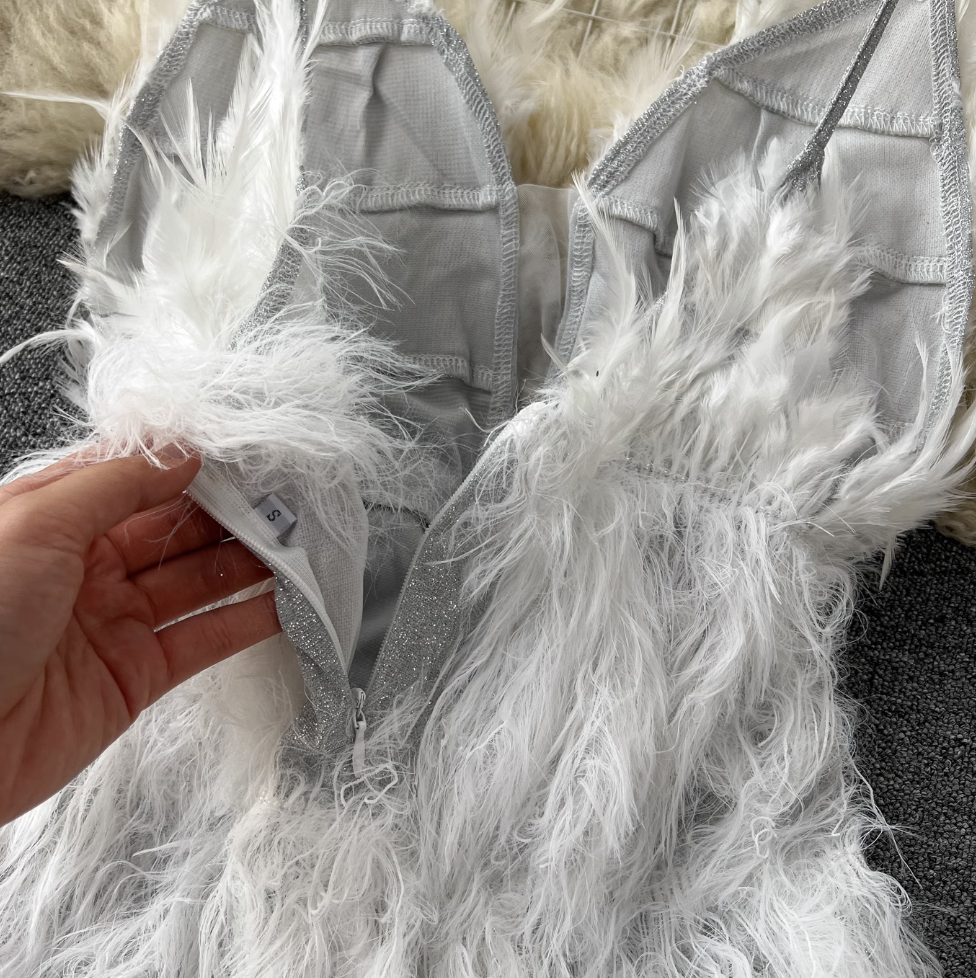 Fairy White Fur Fringed Slip Dress