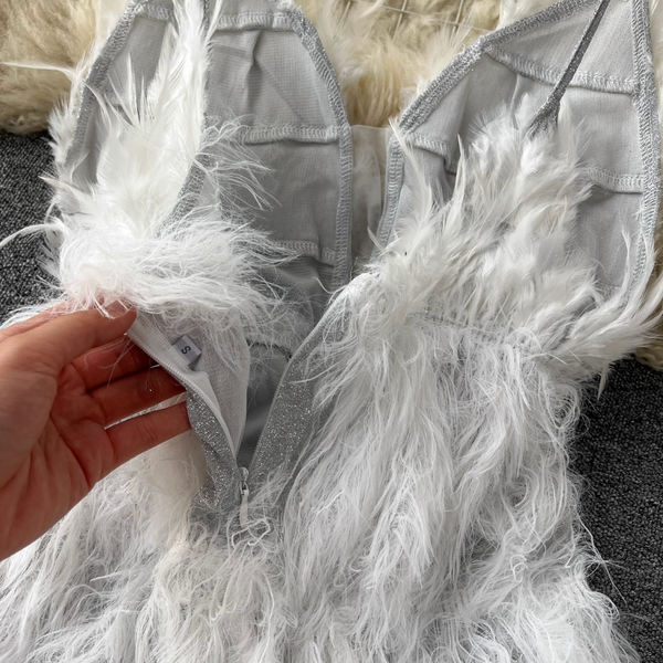 Fairy White Fur Fringed Slip Dress