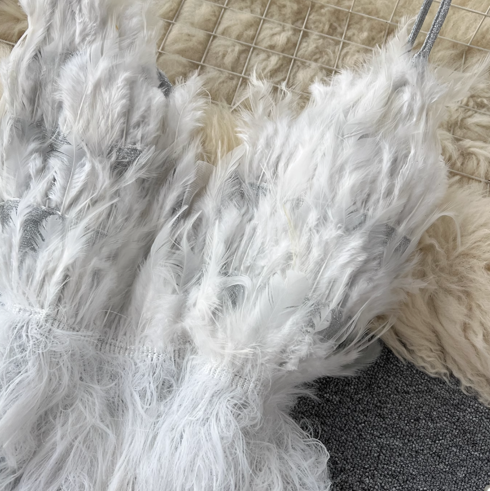 Fairy White Fur Fringed Slip Dress