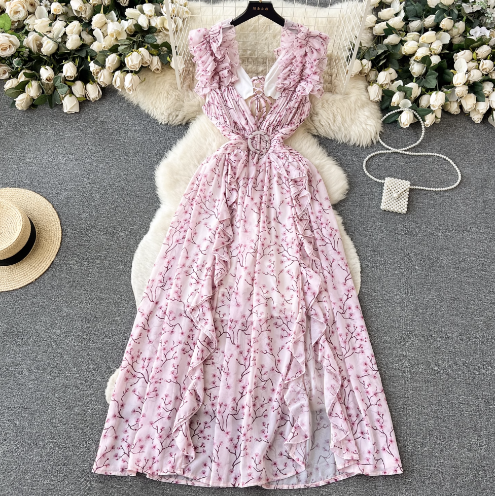 Backless Pink Floral Chiffon Dress