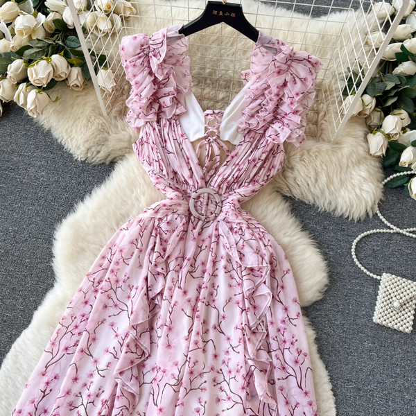 Backless Pink Floral Chiffon Dress