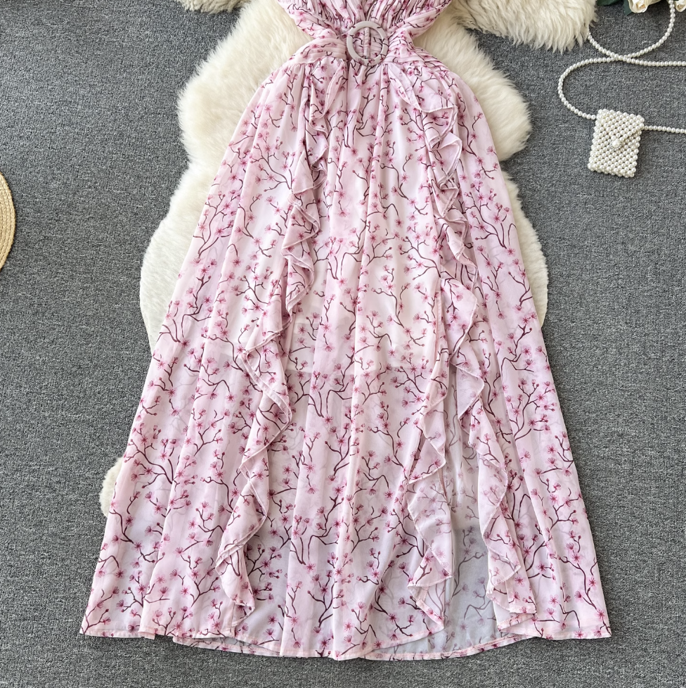 Backless Pink Floral Chiffon Dress