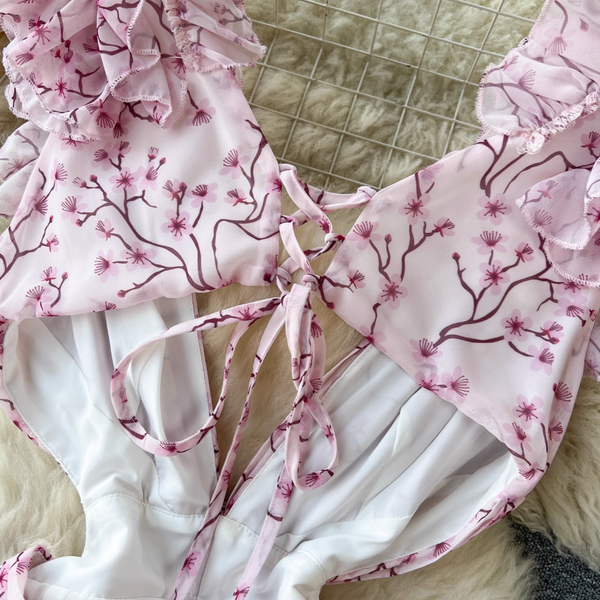 Backless Pink Floral Chiffon Dress