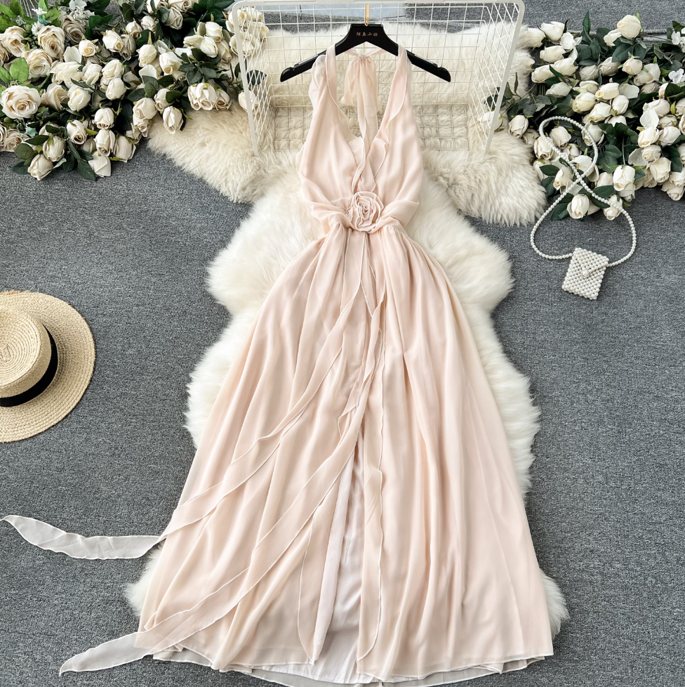 Elegant Hollowed Backless Chiffon Halter Dress