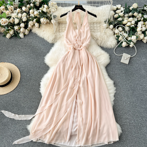 Elegant Hollowed Backless Chiffon Halter Dress