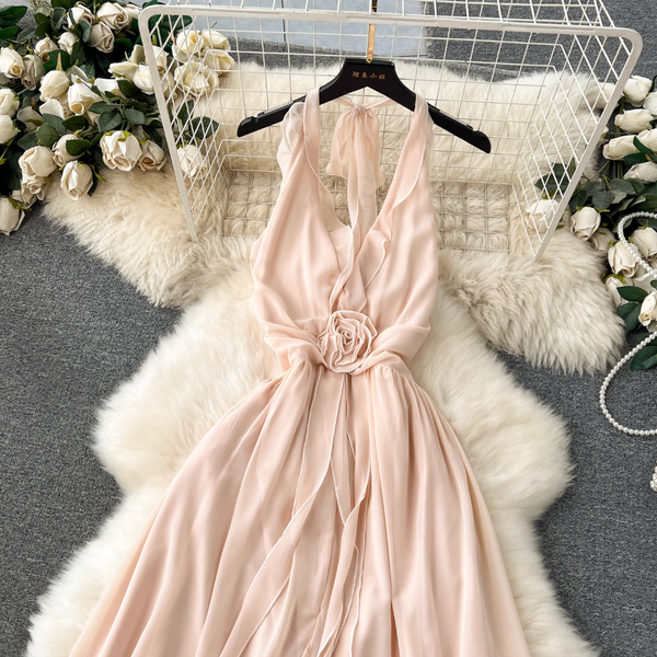 Elegant Hollowed Backless Chiffon Halter Dress
