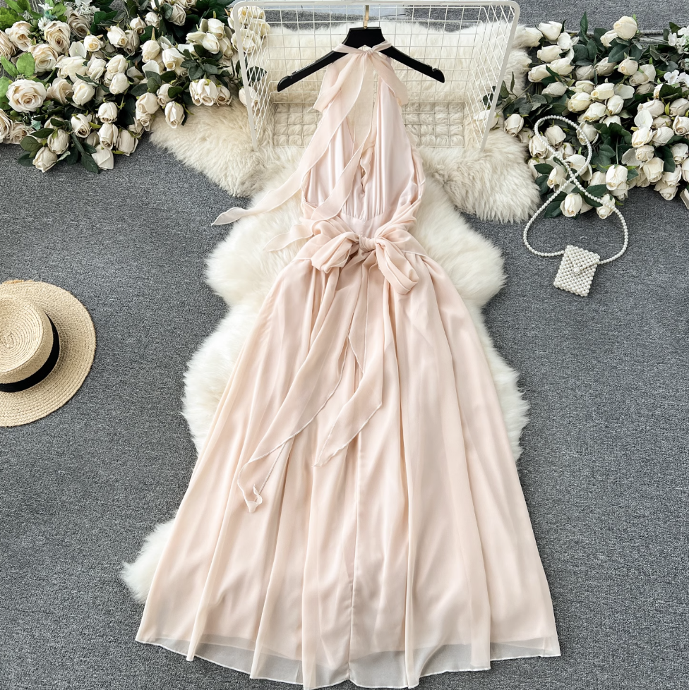Elegant Hollowed Backless Chiffon Halter Dress