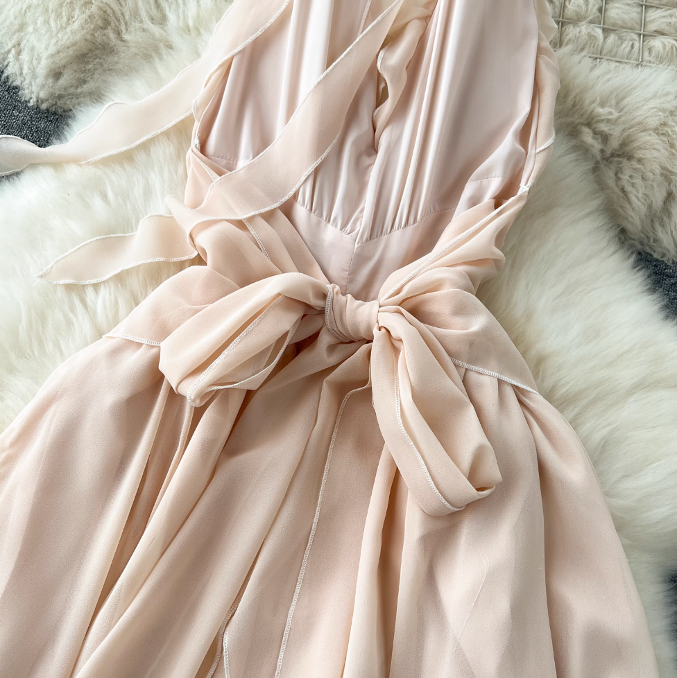 Elegant Hollowed Backless Chiffon Halter Dress